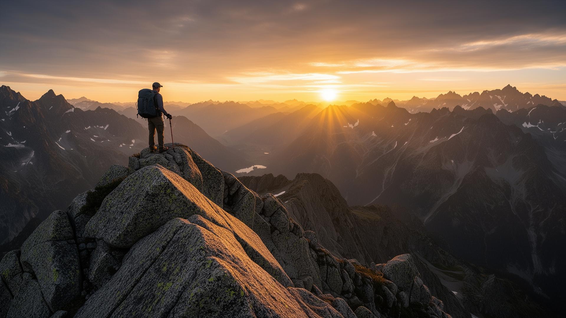 A hiker alone on a granite ridge at sunrise