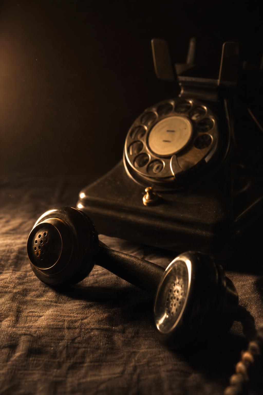 A vintage telephone handset lit by a single warm light